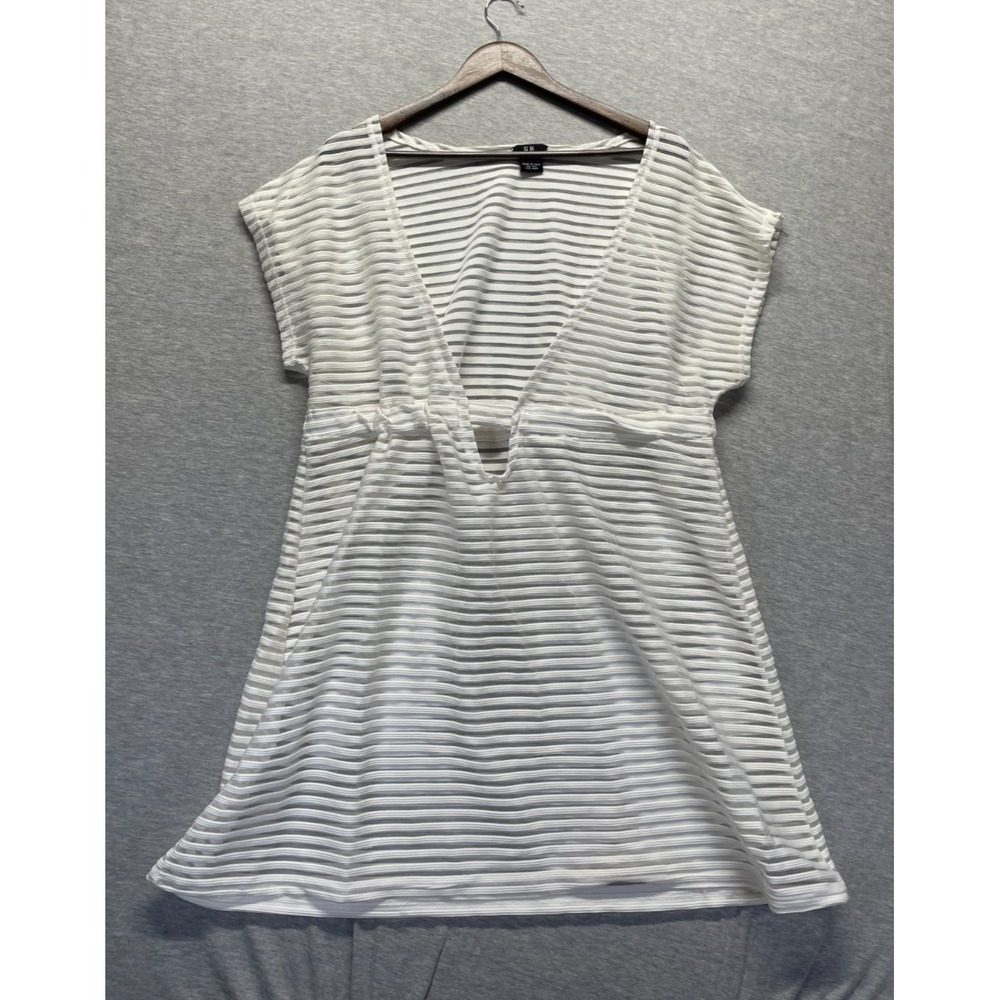 SR Swimsuit Cover Up Dress Womens One Size White Rayon Sheer Striped Textured
